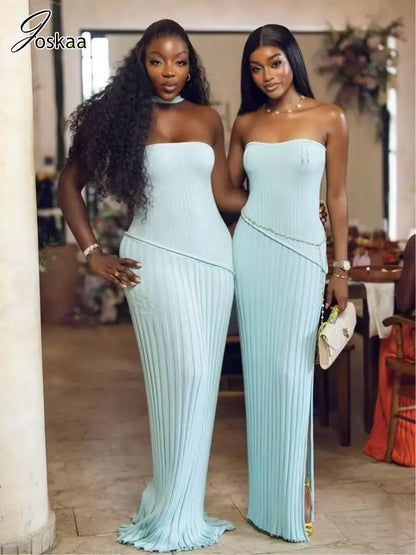 Women's Knit Strapless Ribbed Maxi Dress Light Blue – Side View