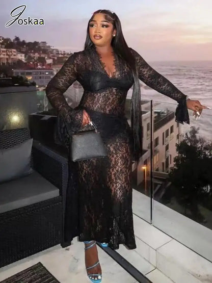 Women's Lace Long Sleeve Bodycon Maxi Dress White – Side View
