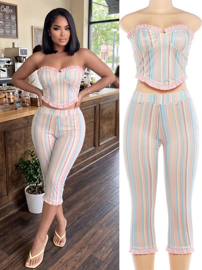 Women's Striped Strapless One Shoulder High Waist Two Piece Set - Additional View 8