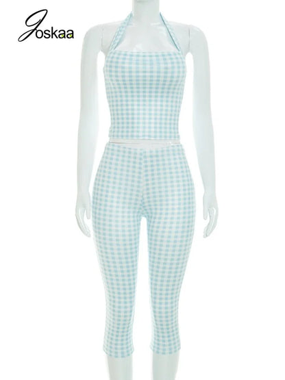 Women's Backless Halter High Waist Two Piece Set Plaid - Detail View 3