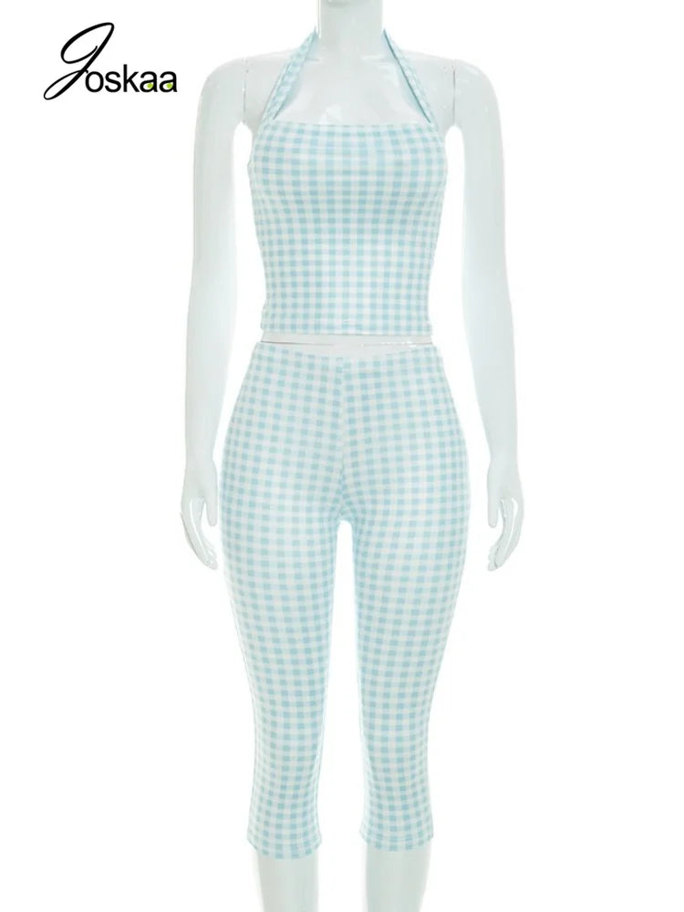 Women's Backless Halter High Waist Two Piece Set Plaid - Detail View 3