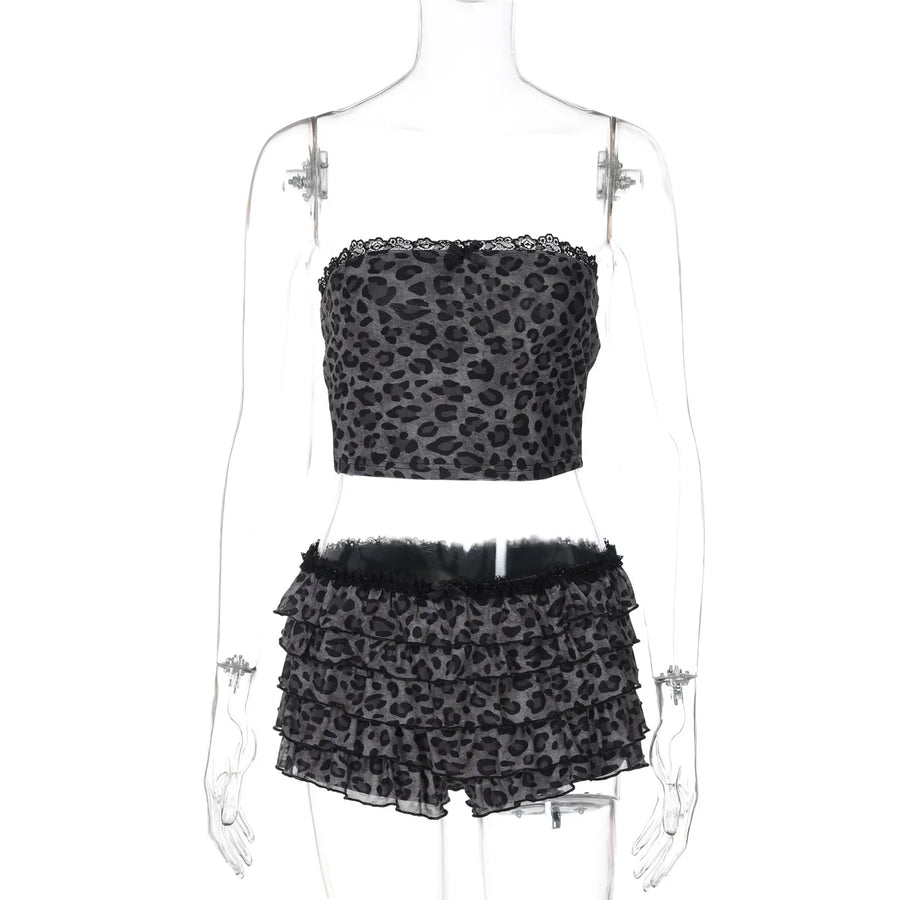 Women's Leopard Print Lace Mesh Two Piece Set