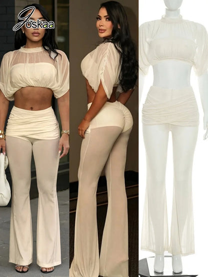 Women's Mesh Ruched Crop Flare Two Piece Set – Women's Fashion Wholesale – Front View