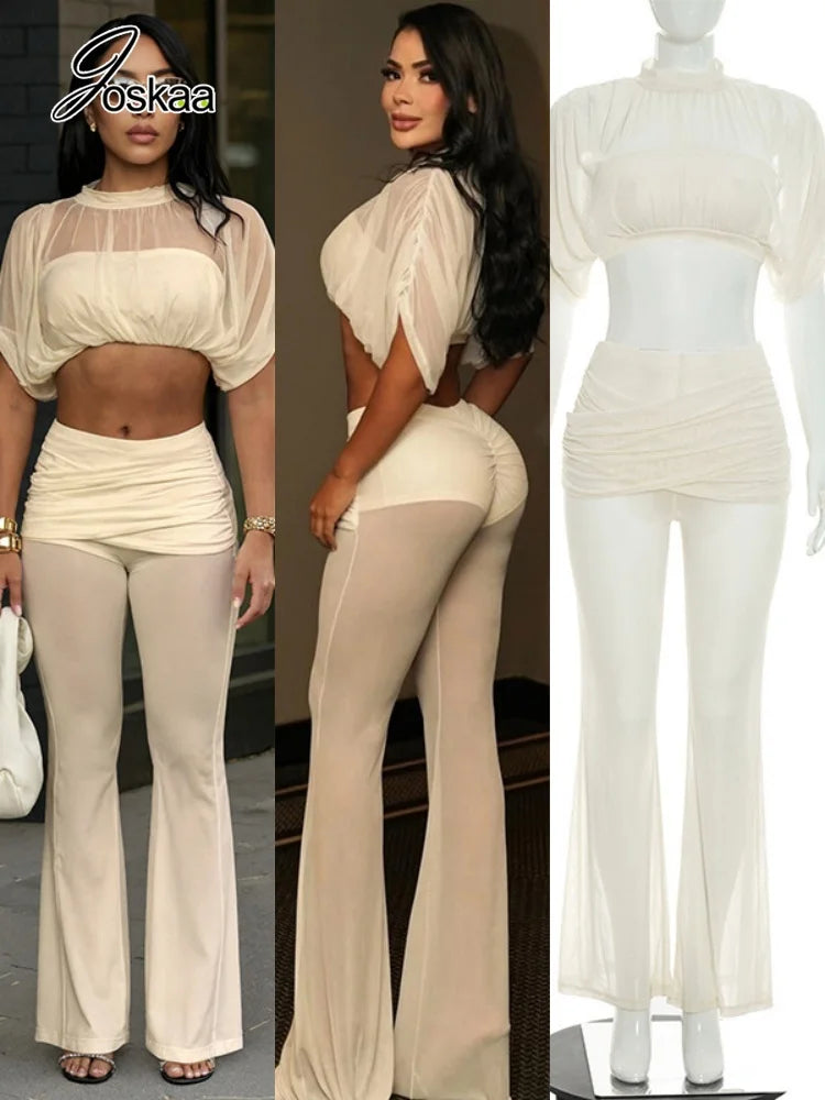 Women's Mesh Ruched Crop Flare Two Piece Set – Women's Fashion Wholesale – Front View