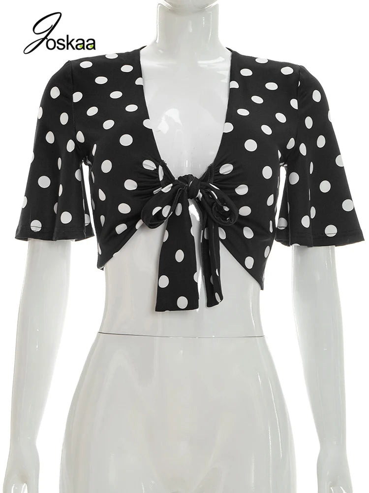 Women's Polka Dot Short Sleeve Black T-shirts Top Black – Back View