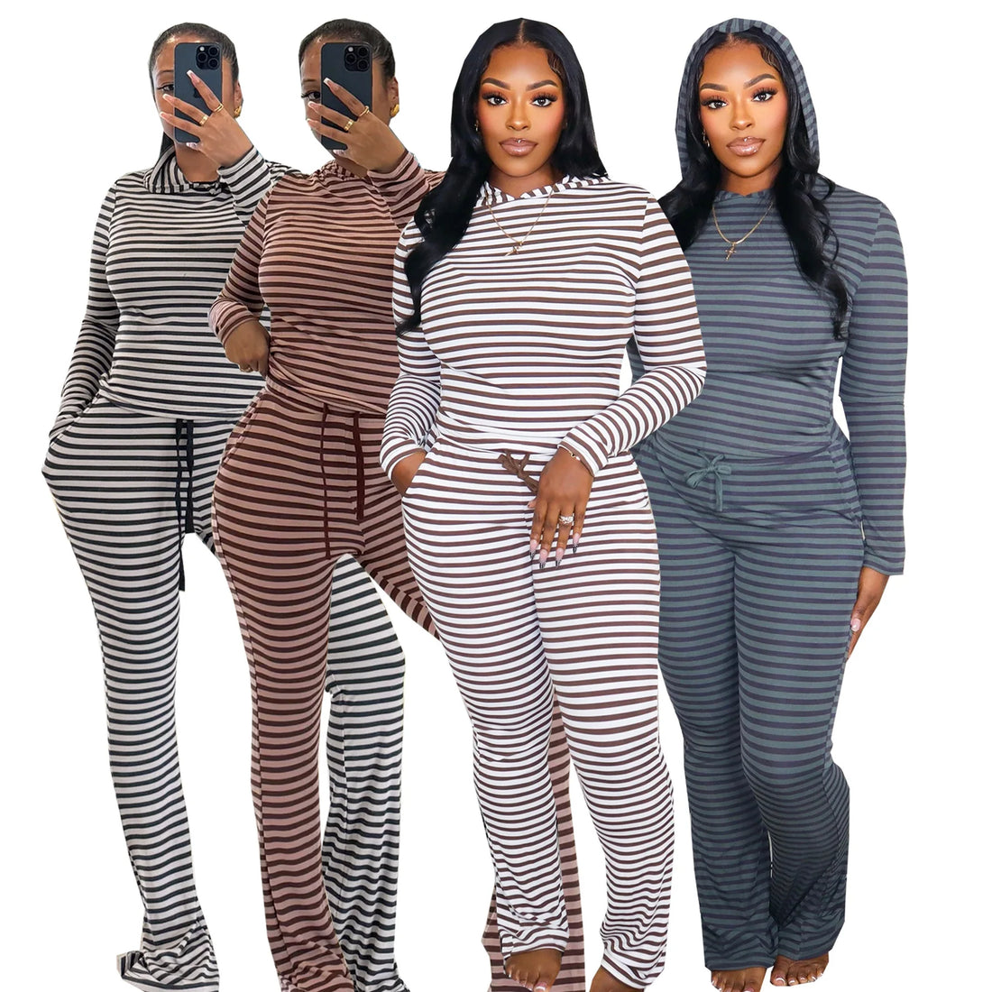 Women's Striped Long Sleeve Wide Leg Two Piece Set - Additional View 7