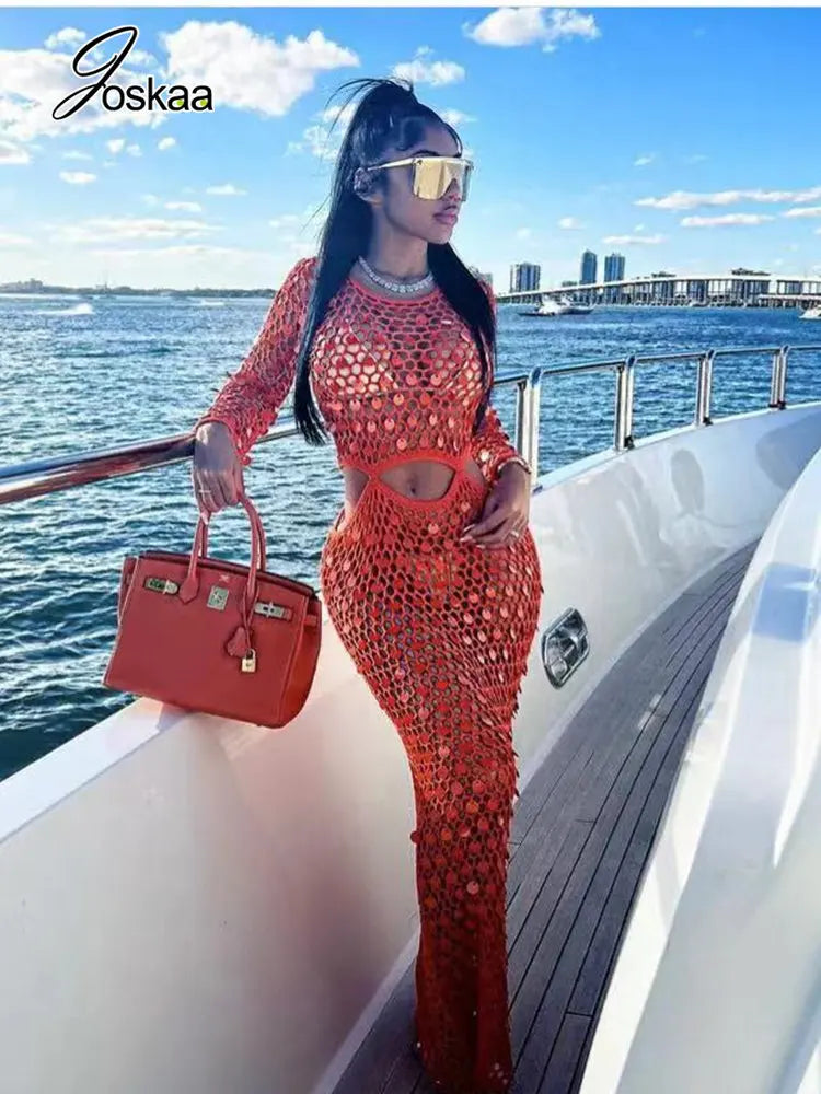 Women's Sequin Knit Cutout Long Sleeve Maxi Dress 173 – Front View