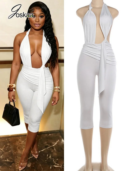 Women's Ruched Backless Halter Sleeveless Romper – Women's Fashion Wholesale – Front View