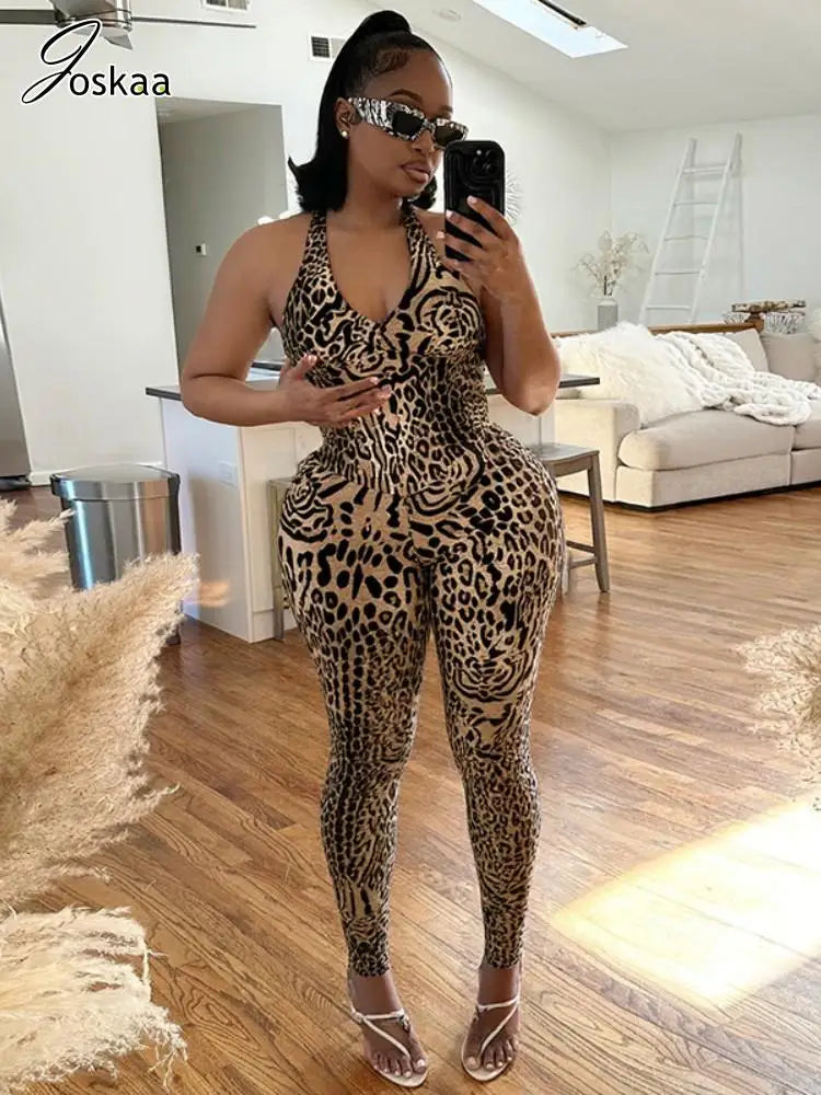 Women's Leopard Print Backless Sleeveless Romper – Women's Fashion Wholesale – Front View