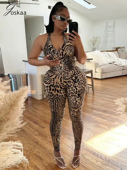 Women's Leopard Print Backless Sleeveless Romper – Women's Fashion Wholesale – Front View