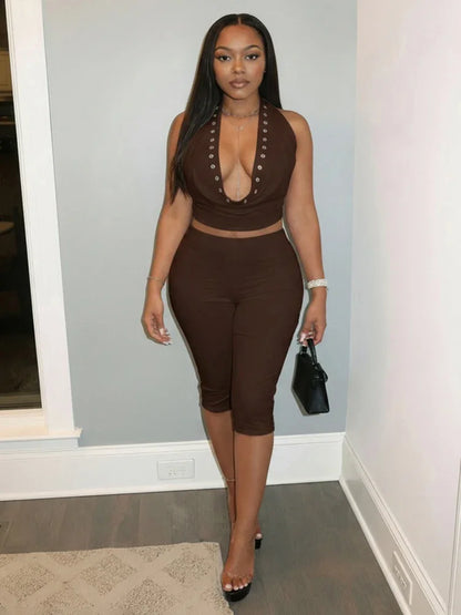 Women's Backless Cutout Sporty Metal Two Piece Set