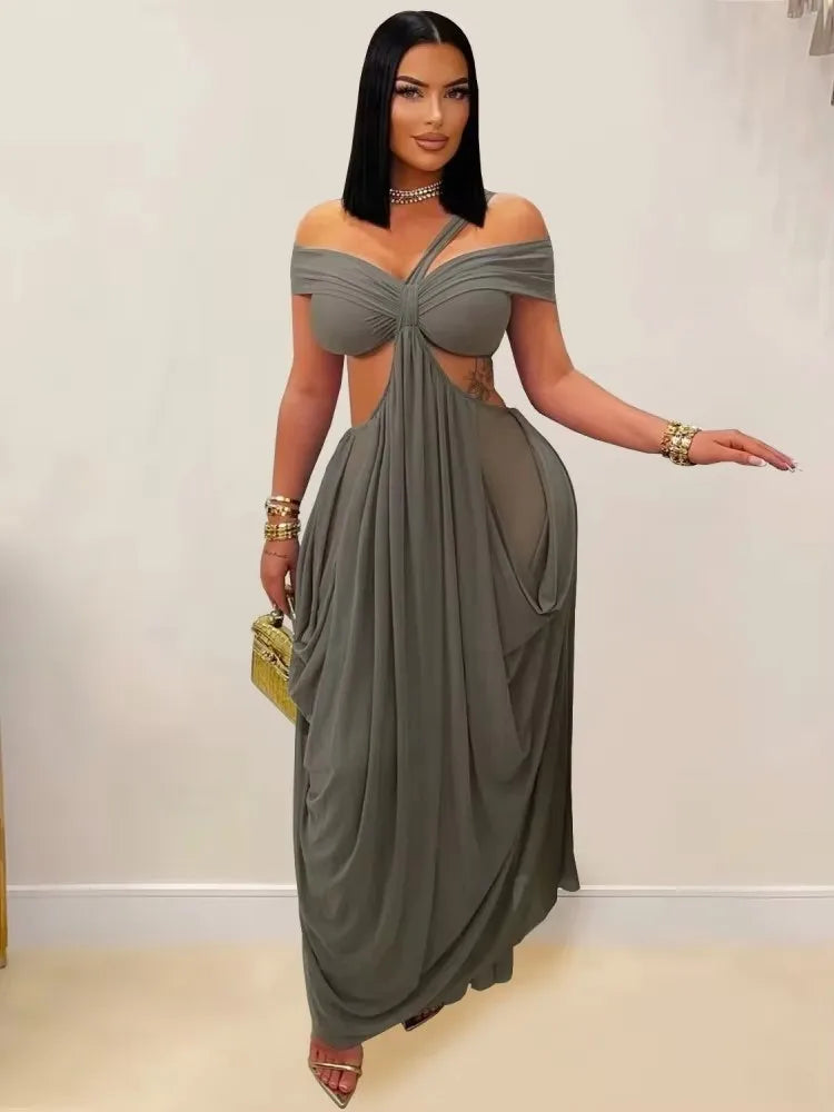 Women's Mesh Backless Cutout Strapless Maxi Dress Blue – Front View