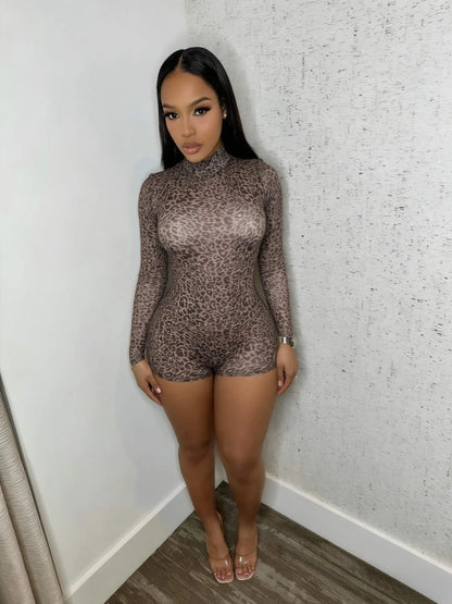 Women's Leopard Print Mesh Long Sleeve Romper – Women's Fashion Wholesale – Front View