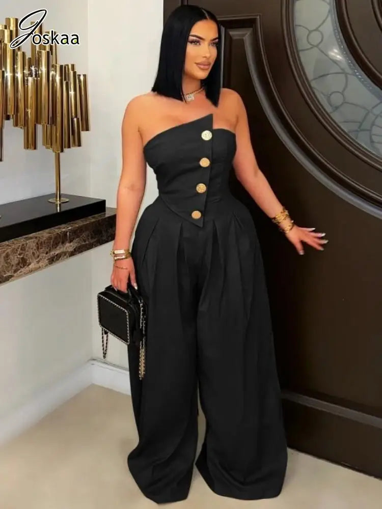 Women's Strapless Flare Wide Leg Elegant Romper – Women's Fashion Wholesale – Front View