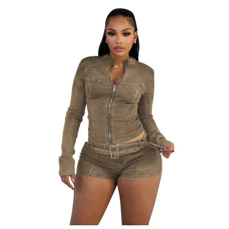 Women's Denim Long Sleeve Zip Two Piece Set