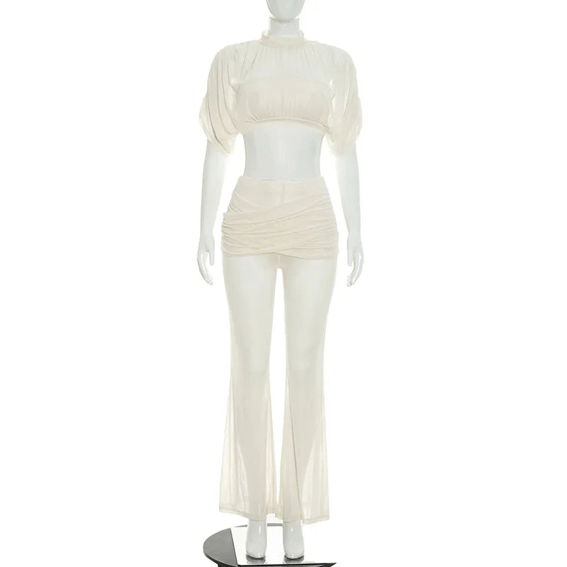 Women's Mesh Ruched Crop Flare Two Piece Set