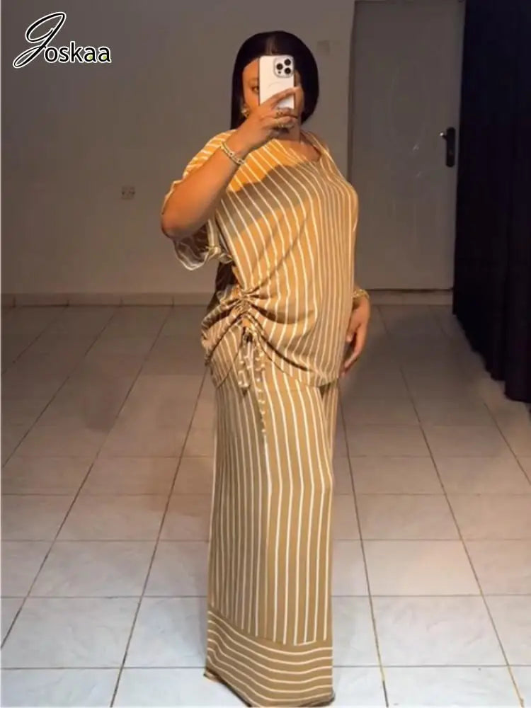Women's Stripe Short Sleeve Flare Two Piece Set Khaki – Front View