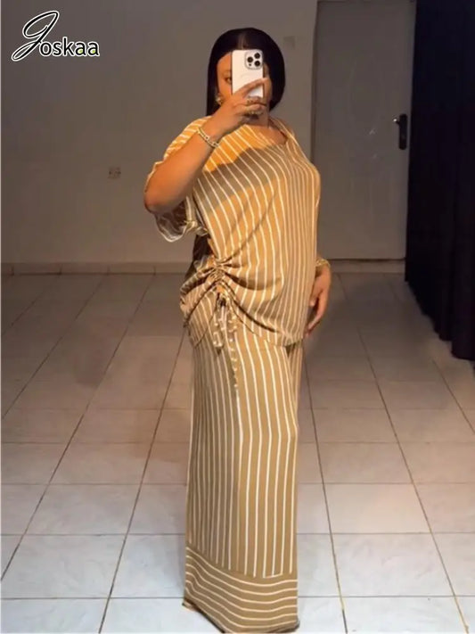 Women's Stripe Short Sleeve Flare Two Piece Set Khaki – Front View