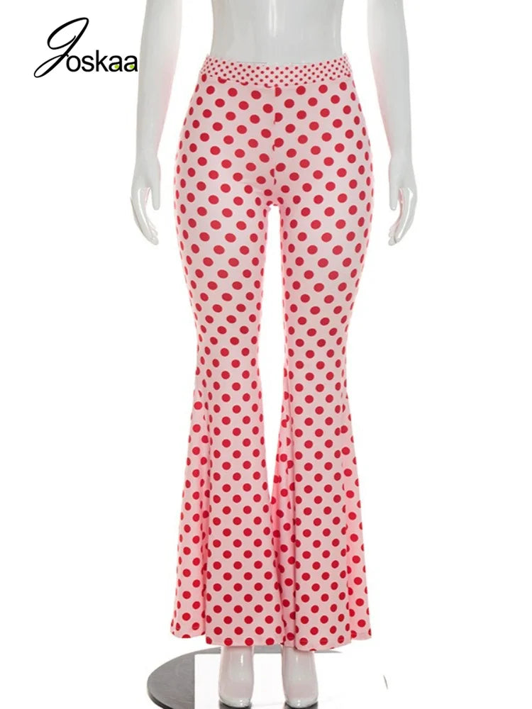 Women's Polka Dot Bodycon Flare Wide Leg Pants Pink – Back View