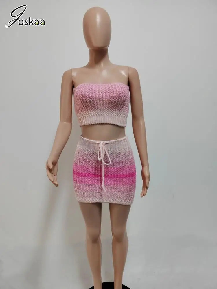 Women's Stripe Knit Strapless Two Piece Set Pink – Back View