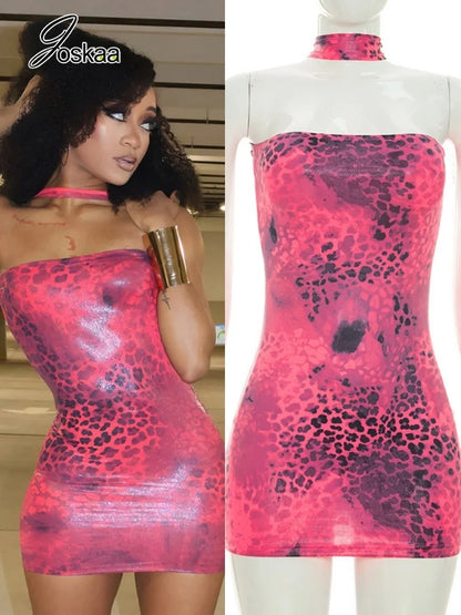 Women's Leopard Print Backless Halter Mini Dress – Women's Fashion Wholesale – Front View