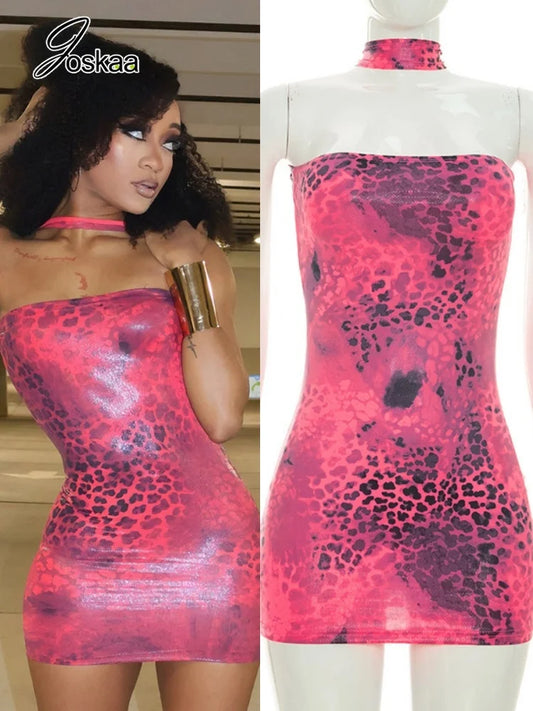 Women's Leopard Print Backless Halter Mini Dress – Women's Fashion Wholesale – Front View