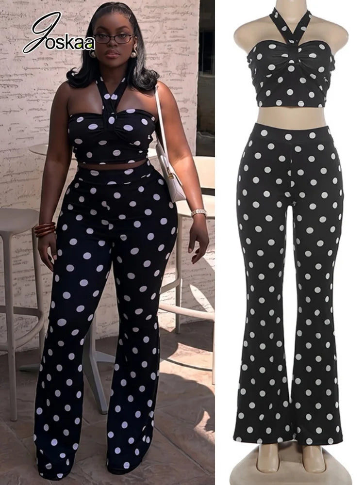 Women's Polka Dot Ruched Halter High Waist Two Piece Set - Women's Fashion Wholesale - Front View