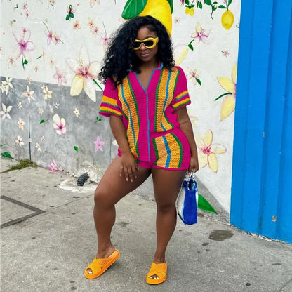Women's Stripe Knit Short Sleeve Two Piece Set