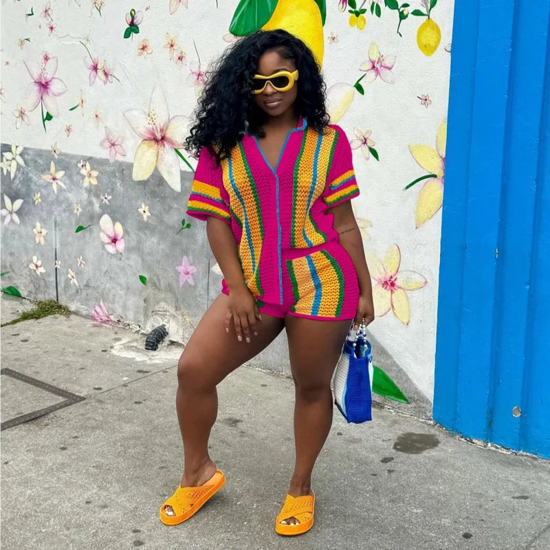 Women's Stripe Knit Short Sleeve Two Piece Set