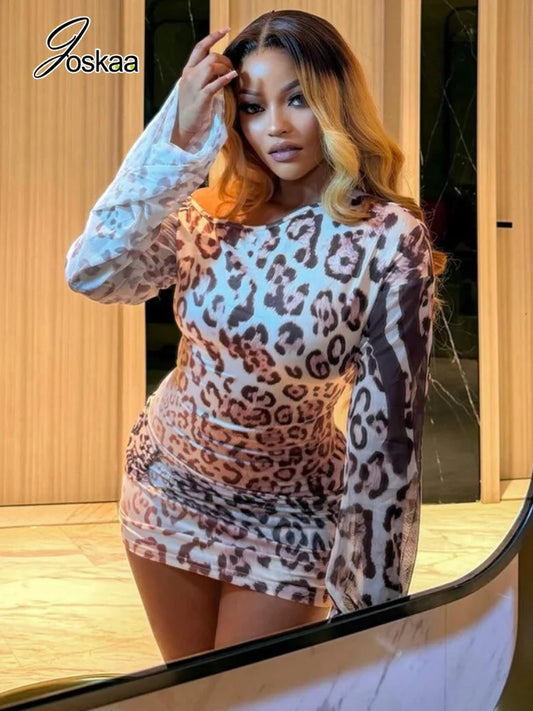 Women's Leopard Print Mesh Bodycon Wide Leg Mini Dress - Front View