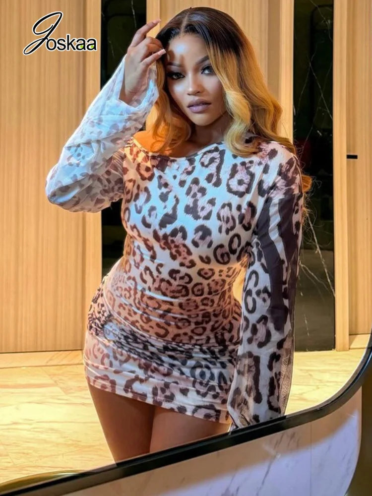 Women's Leopard Print Mesh Bodycon Wide Leg Mini Dress - Front View