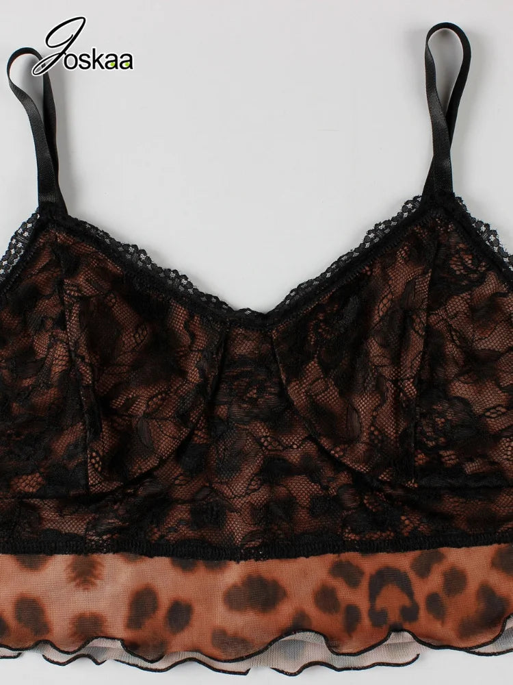 Women's Leopard Print Mesh Lace Sleeveless Two Piece Set - Model Wearing Style