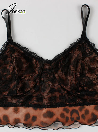 Women's Leopard Print Mesh Lace Sleeveless Two Piece Set - Model Wearing Style