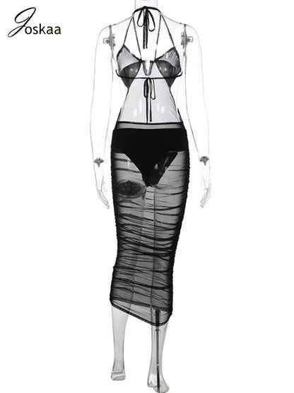 Women's Mesh Backless Halter Black Body-shaping Vestidos Dress Black – Detail View