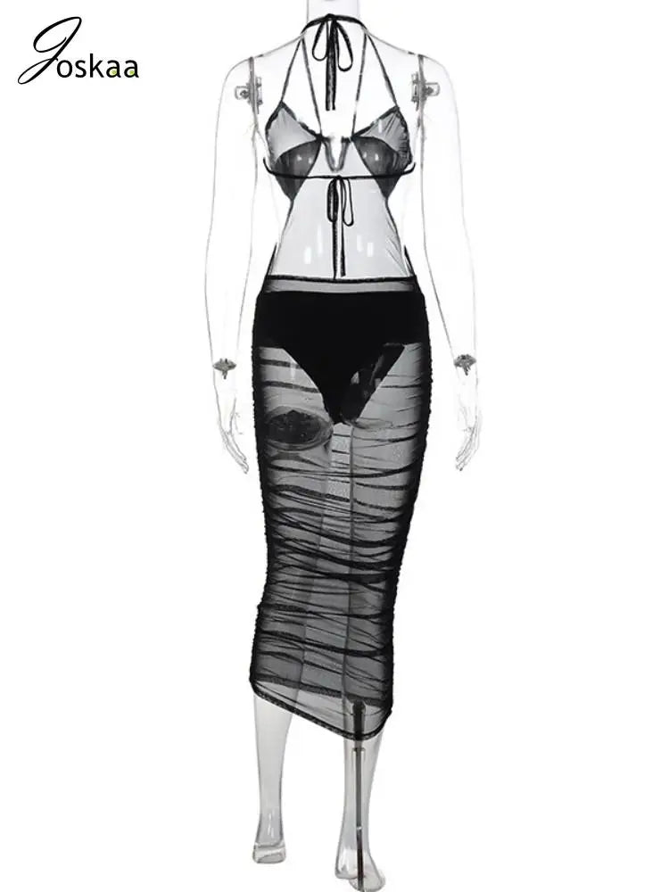 Women's Mesh Backless Halter Black Body-shaping Vestidos Dress Black – Detail View