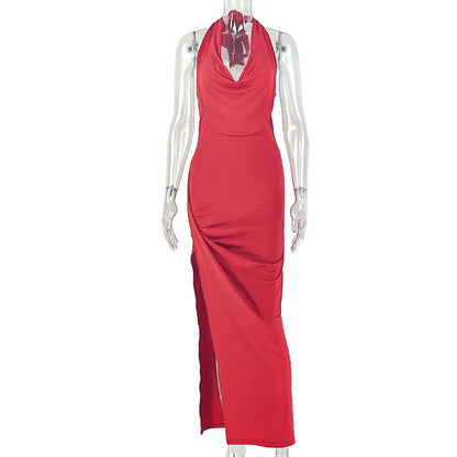 Women's Ruched Halter Bodycon Maxi Dress