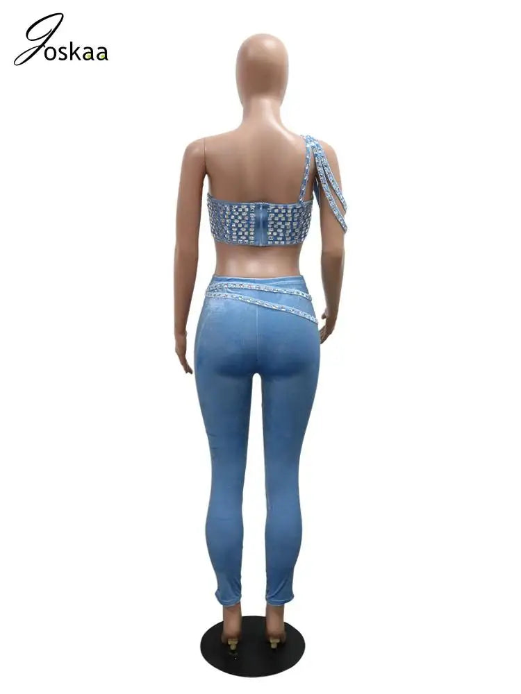 Wholesale Women's Rhinestone Velvet Two Piece Set Blue – Detail View