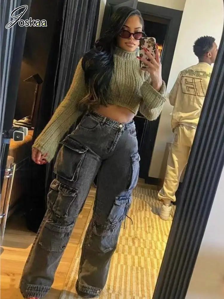 Women's Denim High Waist Pockets Cargo Jeans Pants – Women's Fashion Wholesale – Front View