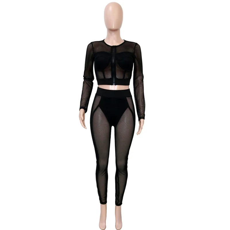 Women's Mesh Long Sleeve Crop Two Piece Set