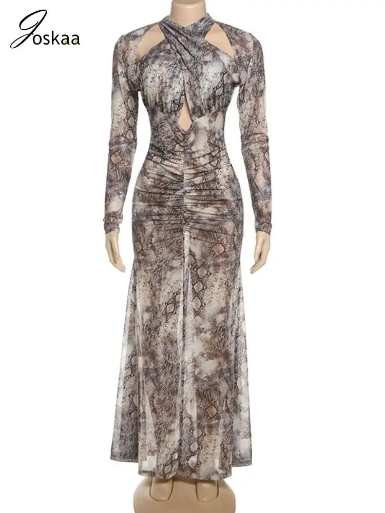 Women's Snake Print Ruched Cutout Maxi Dress Khaki – Back View