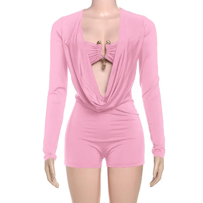 Women's Long Sleeve Bodycon Metal Buckle Decorate Romper