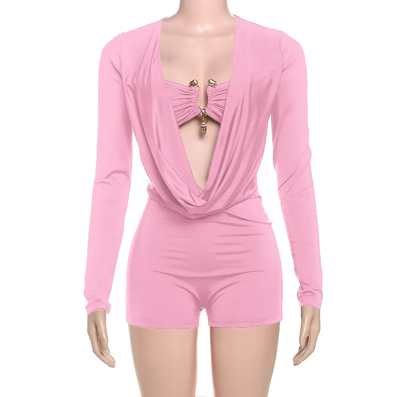 Women's Long Sleeve Bodycon Metal Buckle Decorate Romper