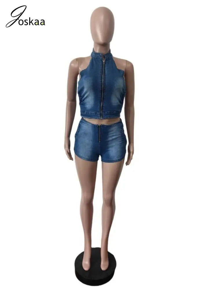 Wholesale Women's Denim Crop Zip Two Piece Set Sky Blue – Back View