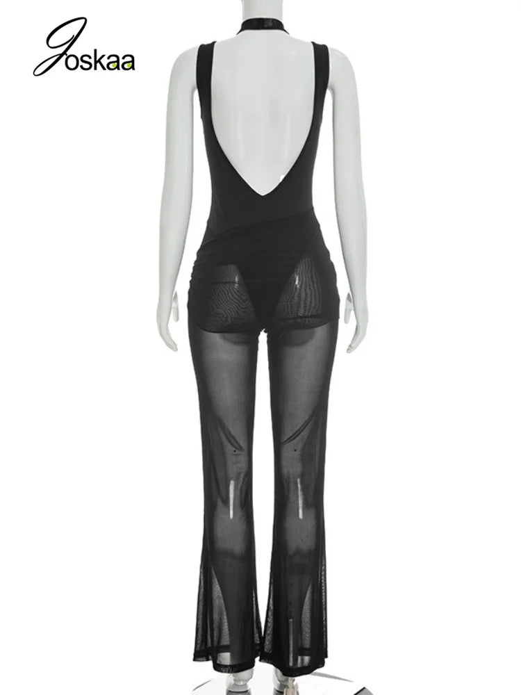 Women's Mesh Backless Sleeveless Bodycon Romper - Detail View