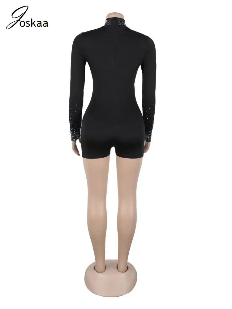 Women's Rhinestone Mesh Long Sleeve Romper Black – Detail View