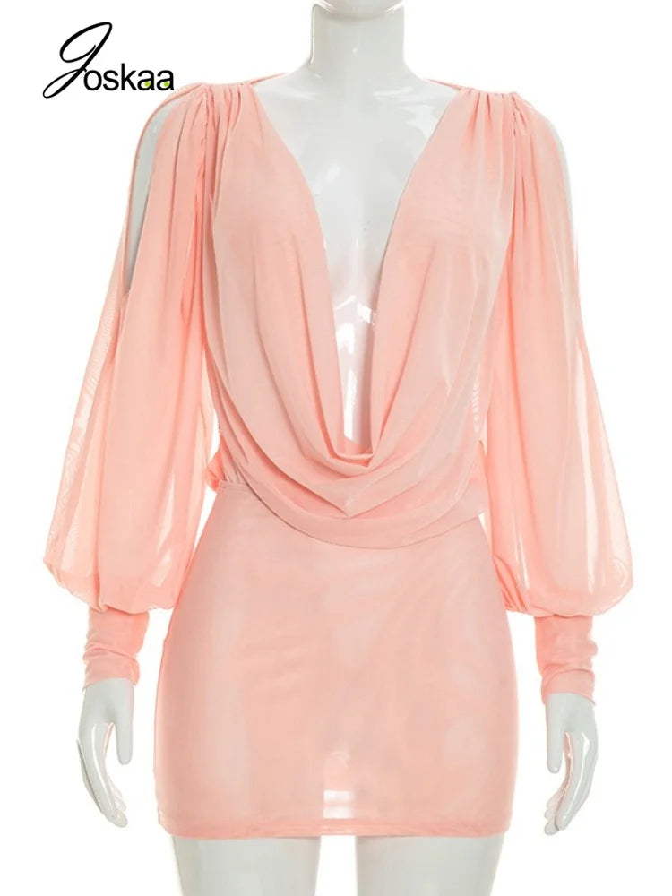 Women's Mesh Backless V-neck Long Sleeve Mini Dress - Back View
