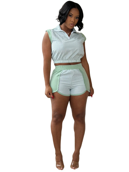Women's Striped Zip Up Sleeveless Two Piece Set - Detail View 9