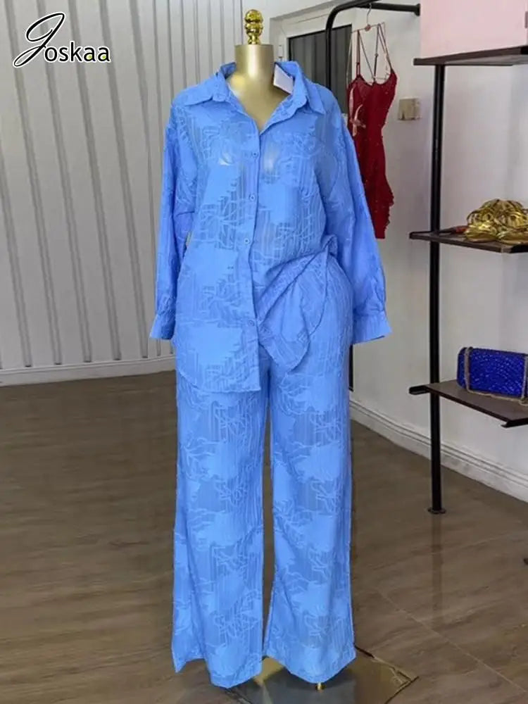 Women's Long Sleeve Lapel Full Two Piece Set Blue – Front View