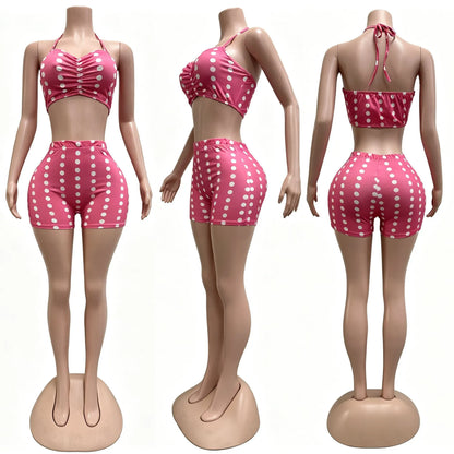 Women's Polka Dot Ruched Halter Two Piece Set