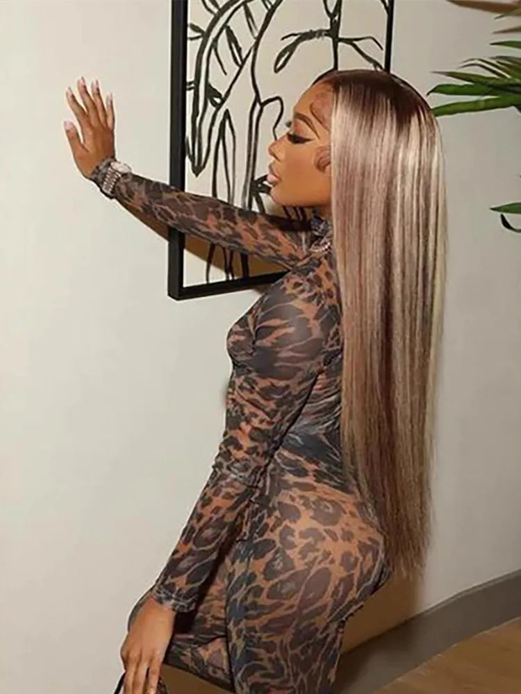 Women's Leopard Print Mesh Long Sleeve Romper Brown – Front View